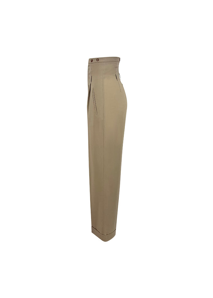 Beige Wool High Waist Trousers