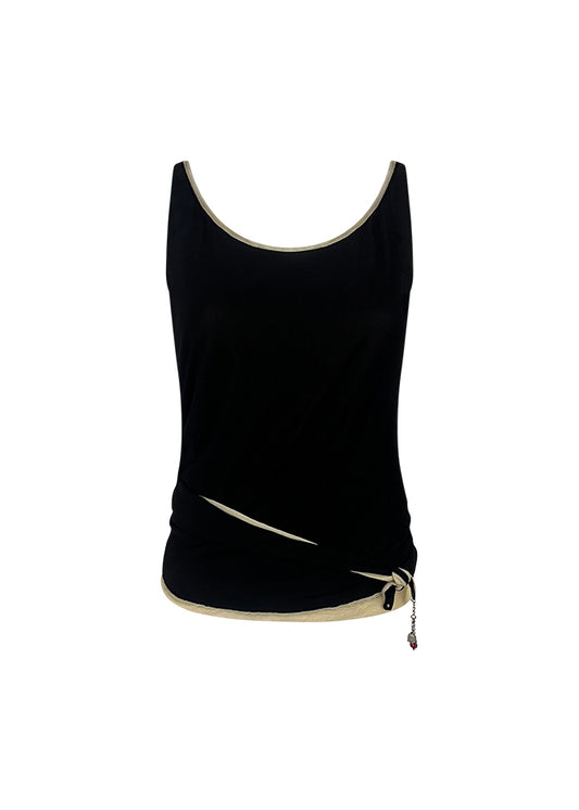 Black & Beige Silk Double Tank with Charms