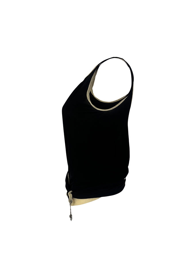 Black & Beige Silk Double Tank with Charms