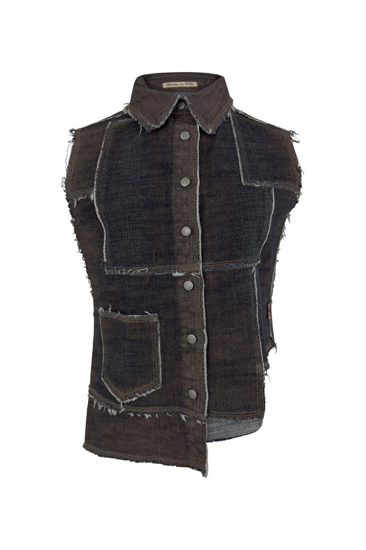 Jean Paul Gaultier grey denim patchwork sleeveless top with contrast stitching, 1990s, front view.