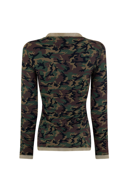 Green Camo Mesh Trim Long Sleeve Top