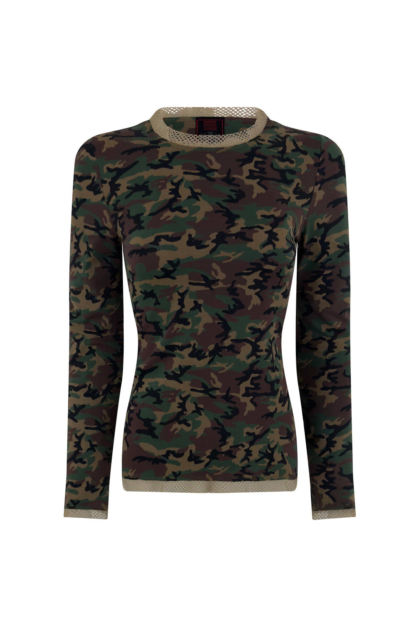 Jean Paul Gaultier green camouflage long sleeve top with mesh trim on white background