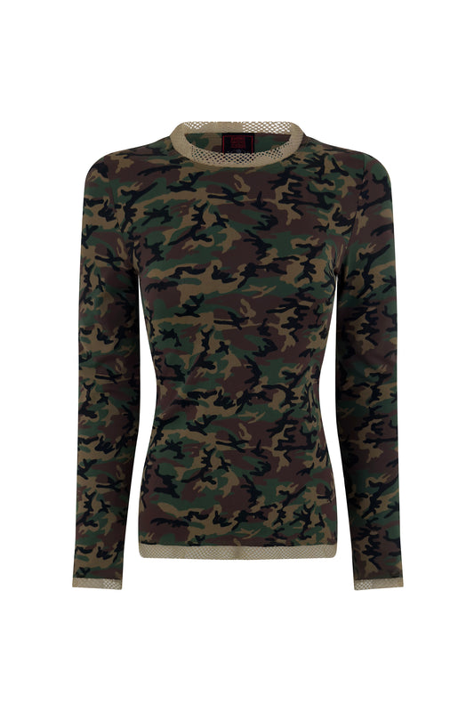 Jean Paul Gaultier green camouflage long sleeve top with mesh trim on white background