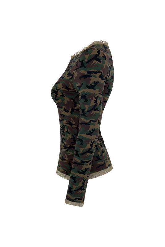 Green Camo Mesh Trim Long Sleeve Top