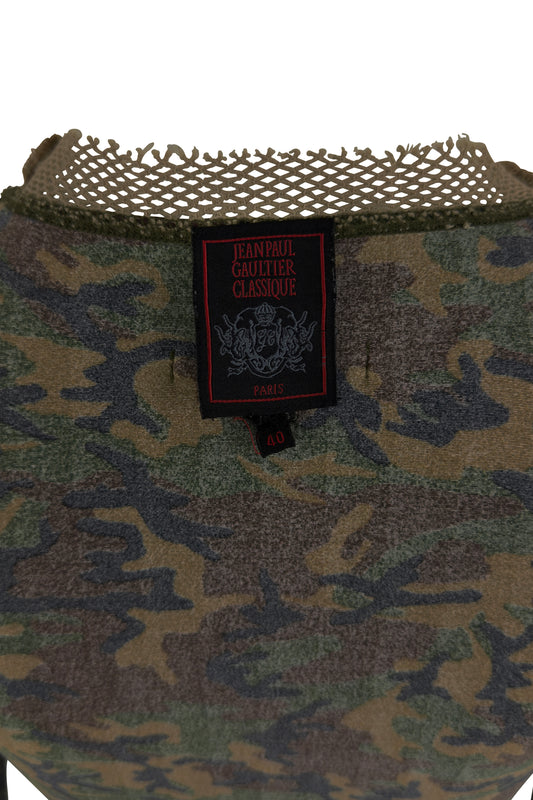 Green Camo Mesh Trim Long Sleeve Top