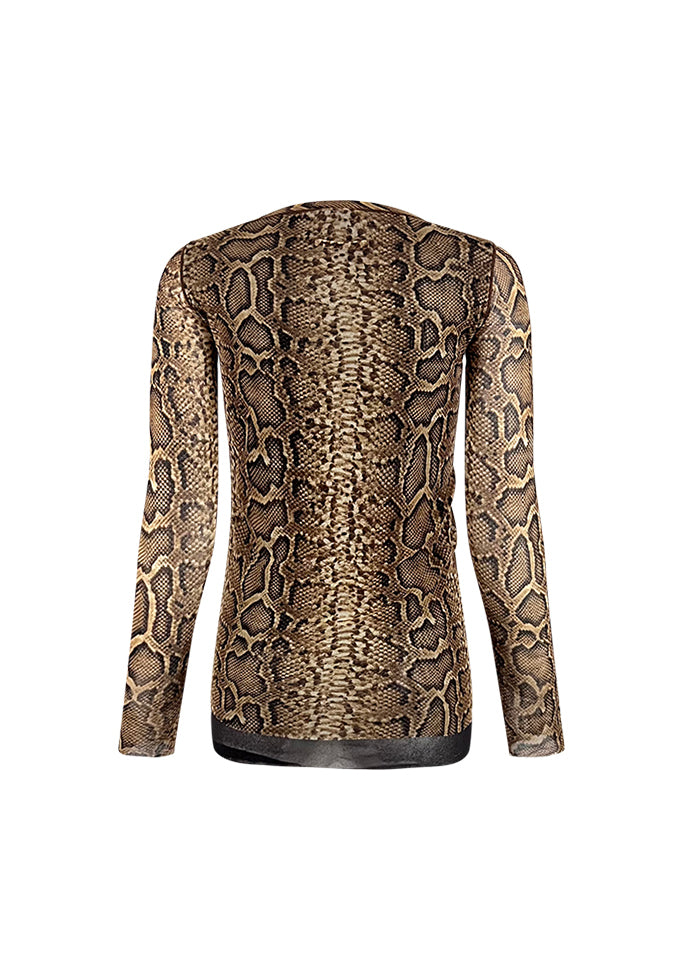 Snake Print Embroidered Mesh Top