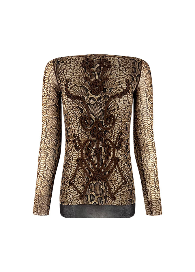 Snake Print Embroidered Mesh Top