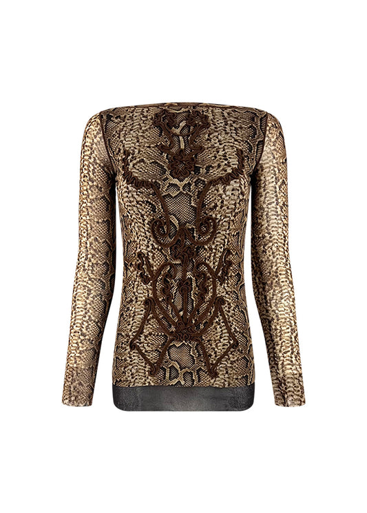 Snake Print Embroidered Mesh Top