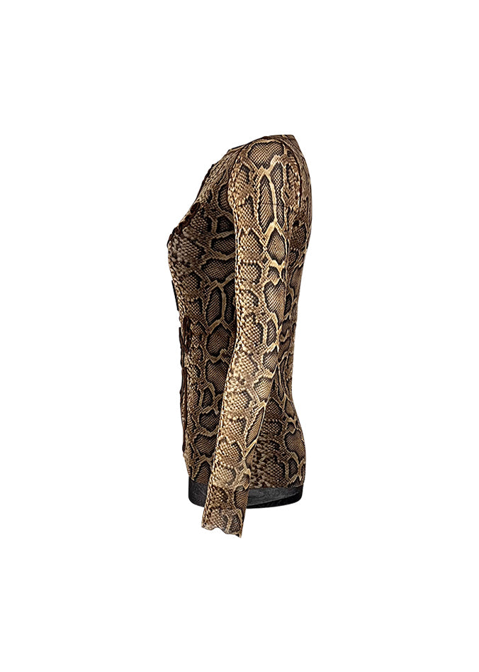 Snake Print Embroidered Mesh Top