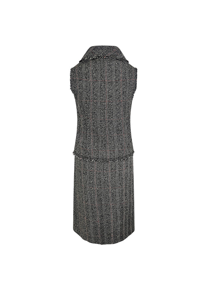 Grey & Red Tweed Sleeveless Top and Skirt Set