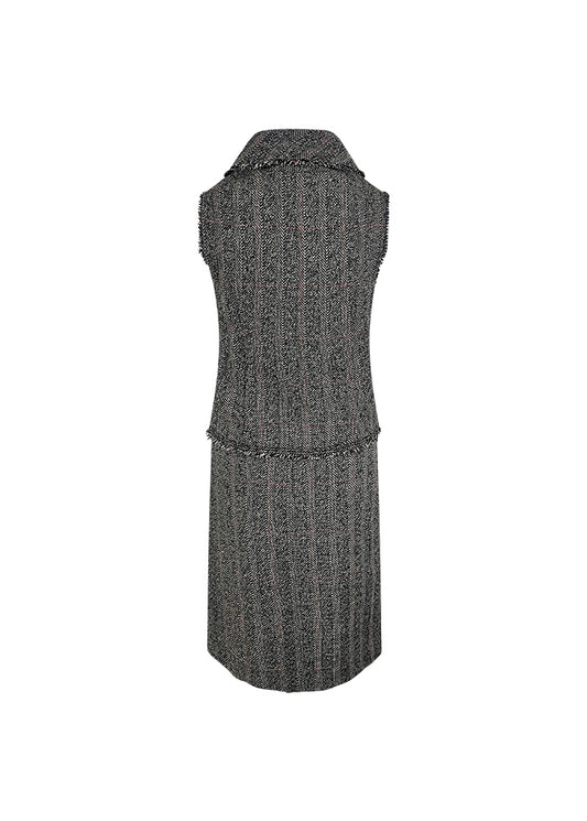 Grey & Red Tweed Sleeveless Top and Skirt Set