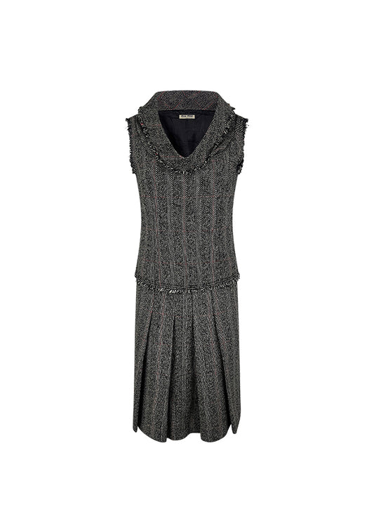 Grey & Red Tweed Sleeveless Top and Skirt Set
