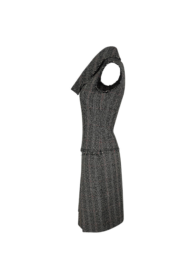 Grey & Red Tweed Sleeveless Top and Skirt Set