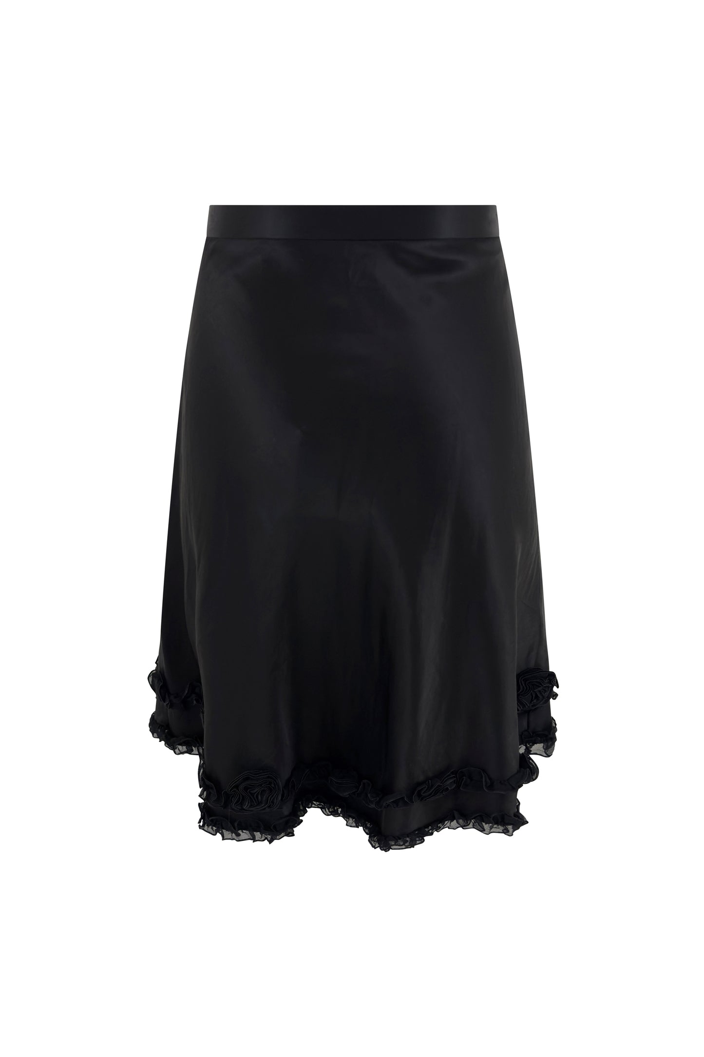 Black satin Moschino Cheap & Chic A-line skirt with ruffle hem on white background