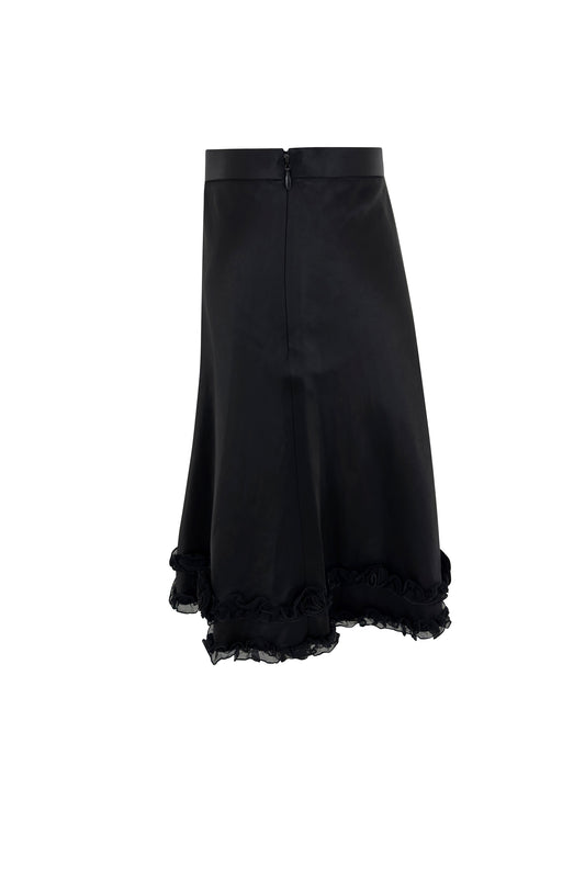 Black Satin 'Cheap & Chic' Ruffle Hem A-Line Skirt