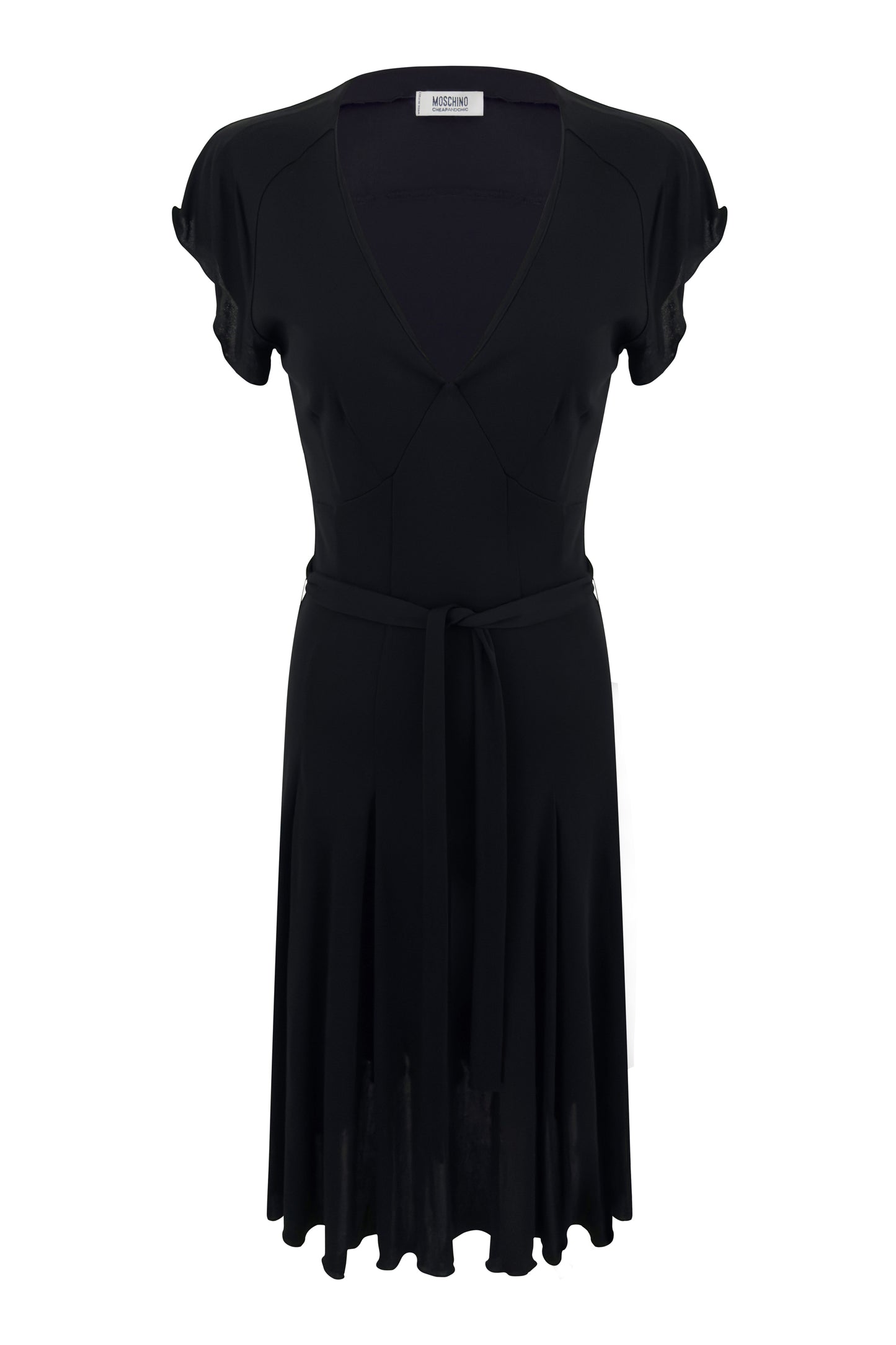 Black Moschino Cheap & Chic deep-V tie-front dress with cap sleeves on white background