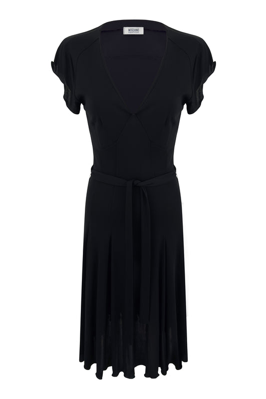 Black Moschino Cheap & Chic deep-V tie-front dress with cap sleeves on white background