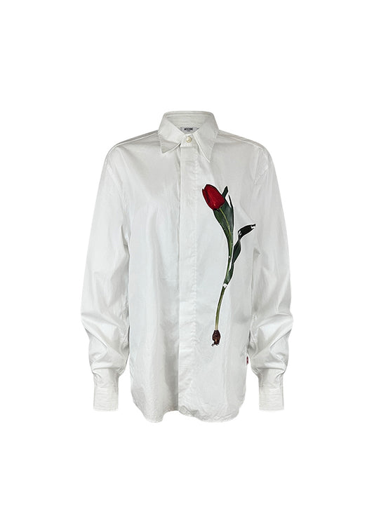 White Cotton Button Down with Tulip Applique