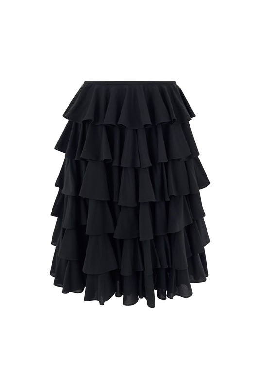 Norma Kamali OMO black tiered ruffle skirt from the 1980s.