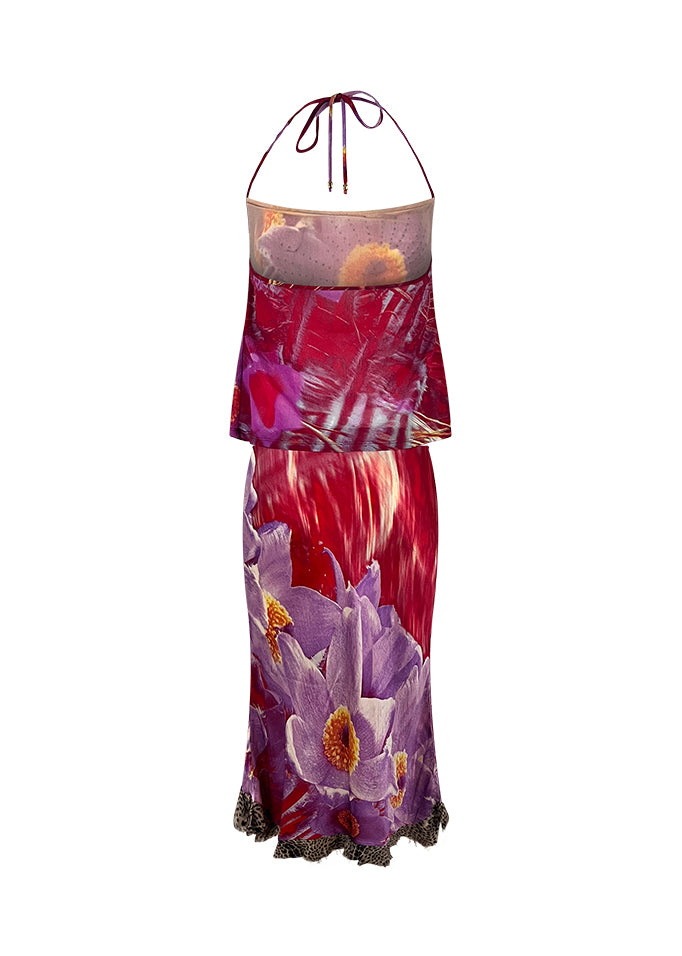Multicolor Abstract Floral Print Rhinestone Mesh Halter Top
