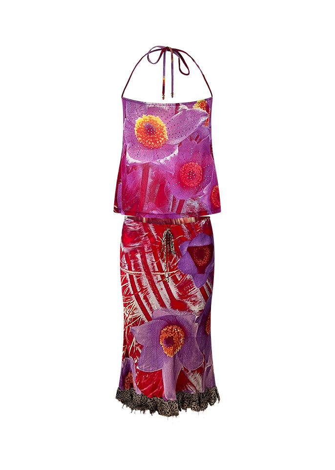 Multicolor Abstract Floral Print Rhinestone Mesh Halter Top