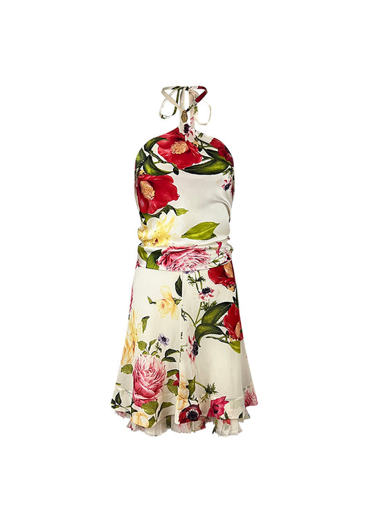 White Silk Floral Halter Top & Skirt Set