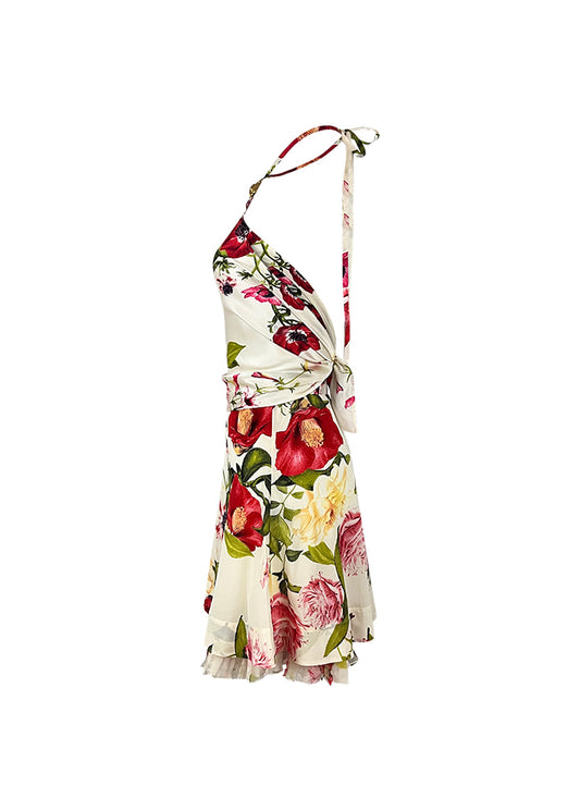 White Silk Floral Halter Top & Skirt Set
