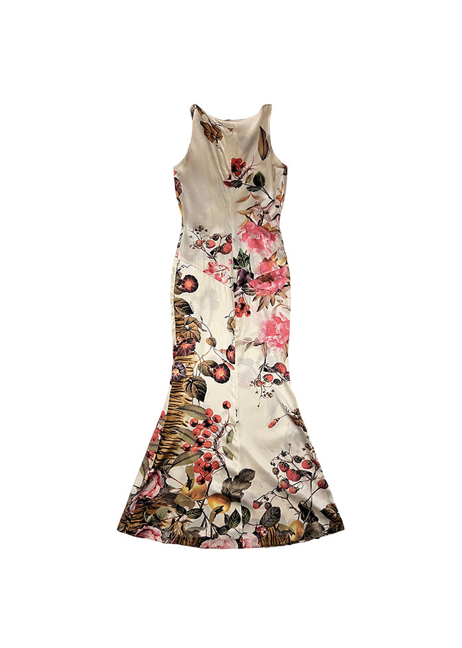 White Floral Silk Keyhole Gown