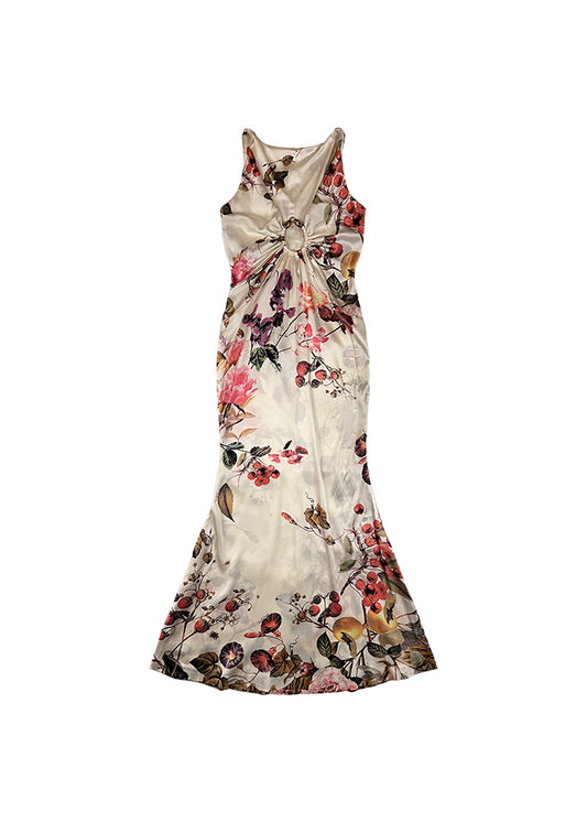 White Floral Silk Keyhole Gown