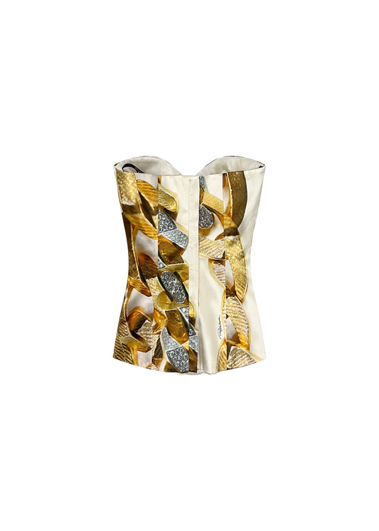White Printed Silk Corset Top