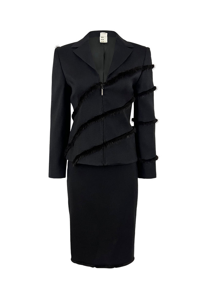 Black Mink Trim Zip-up Jacket & Skirt Suit