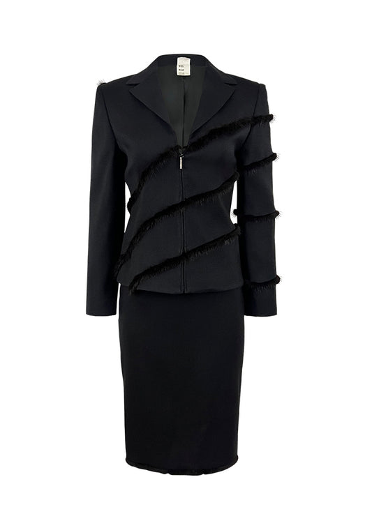 Black Mink Trim Zip-up Jacket & Skirt Suit
