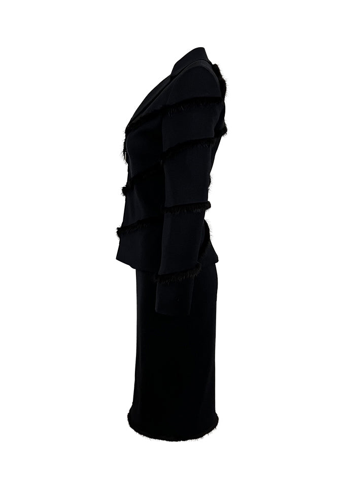 Black Mink Trim Zip-up Jacket & Skirt Suit