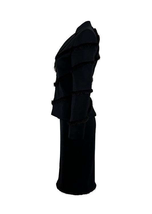 Black Mink Trim Zip-up Jacket & Skirt Suit