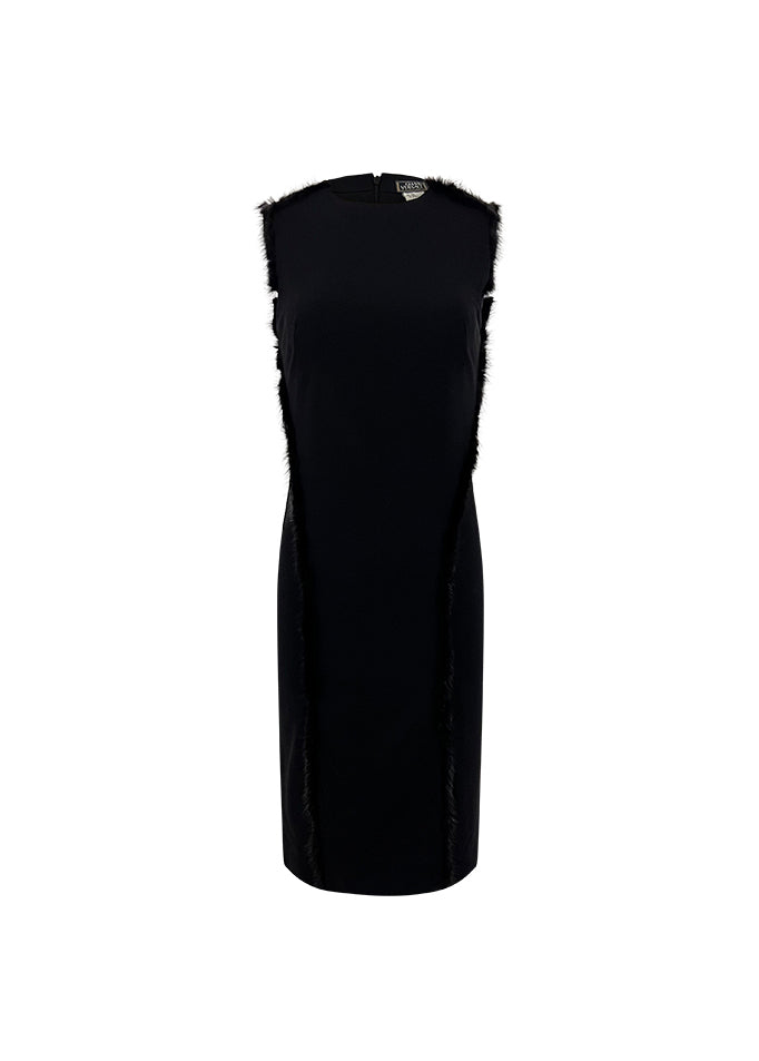 Couture Black Mink Trim Midi Dress