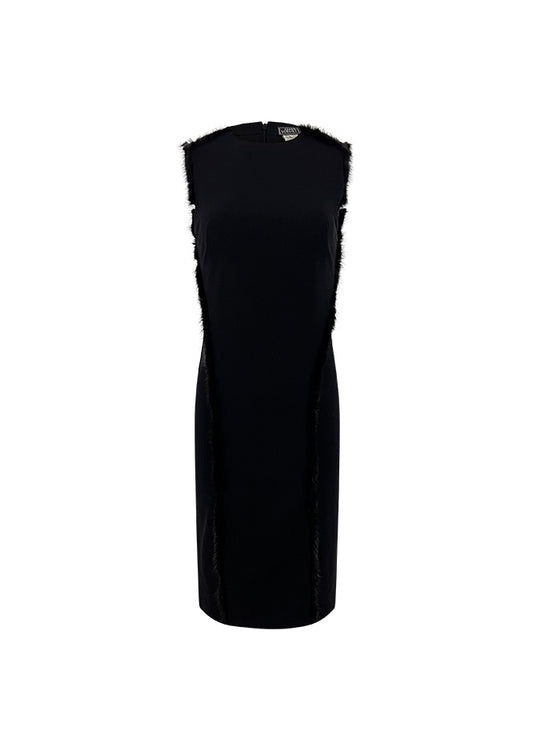 Couture Black Mink Trim Midi Dress