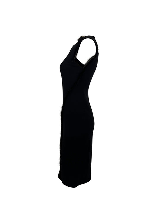 Couture Black Mink Trim Midi Dress