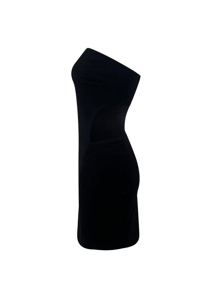 Black Stretch Wool Cutout Back Dress