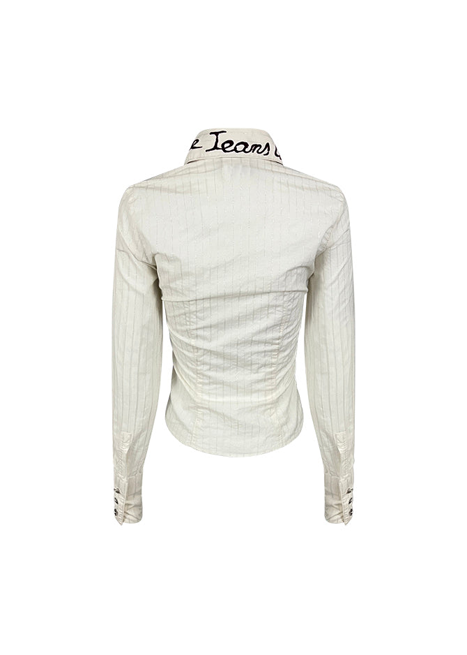 White Cotton Pinstripe Button-up with Flocked Logo Collar