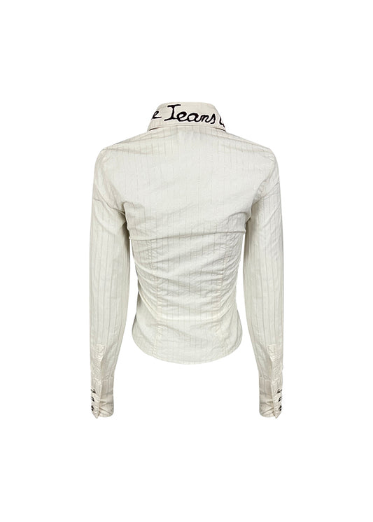White Cotton Pinstripe Button-up with Flocked Logo Collar