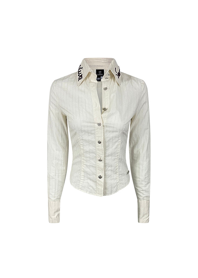 White Cotton Pinstripe Button-up with Flocked Logo Collar