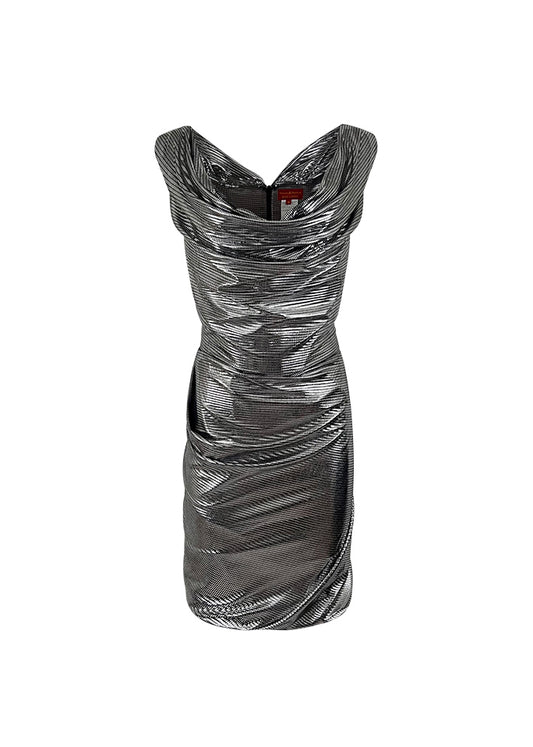 Silver Print Stretch Knit Corseted Mini Dress