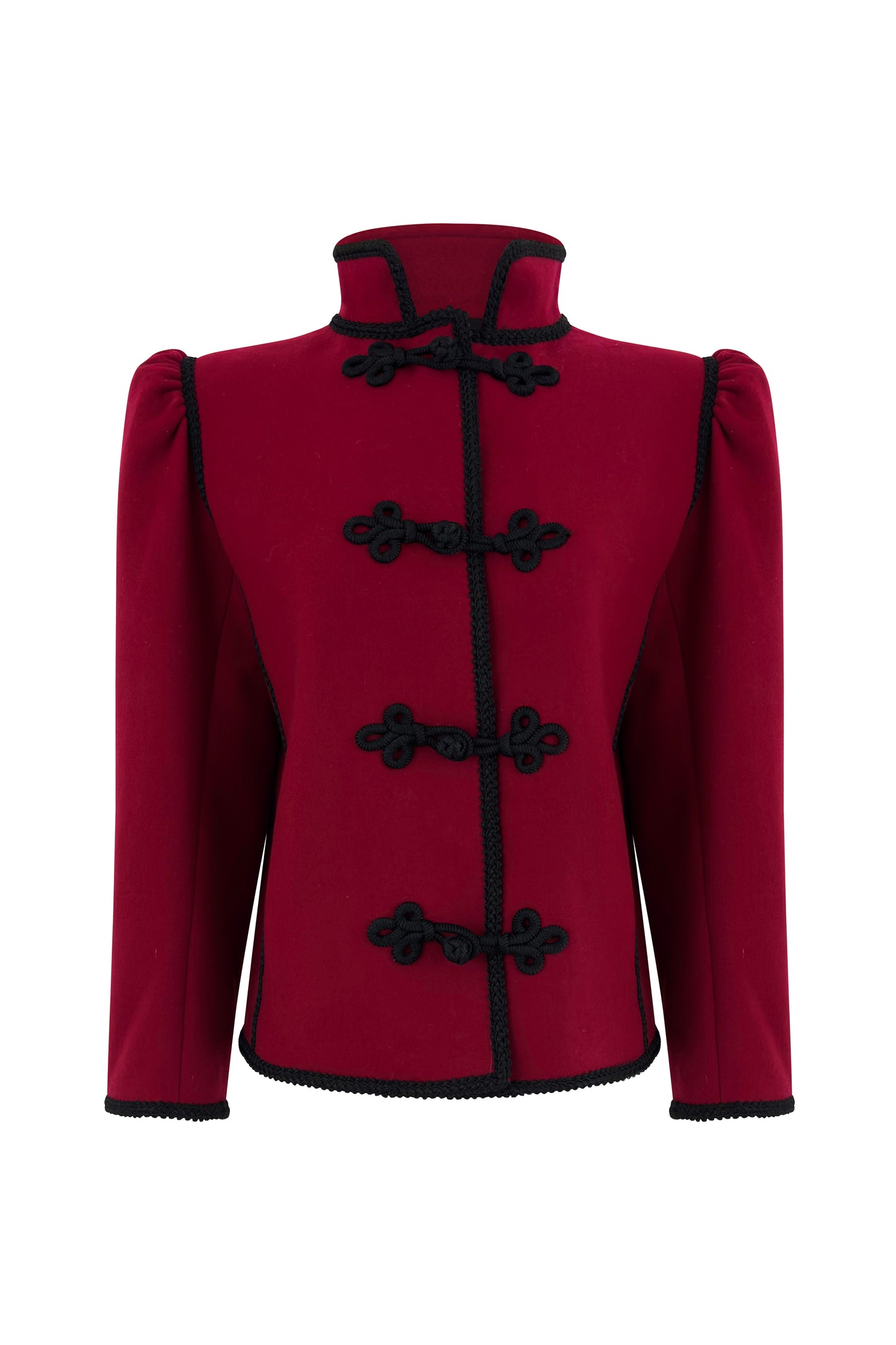 Red YSL wool jacket with black military-style braid closures and high collar on white background