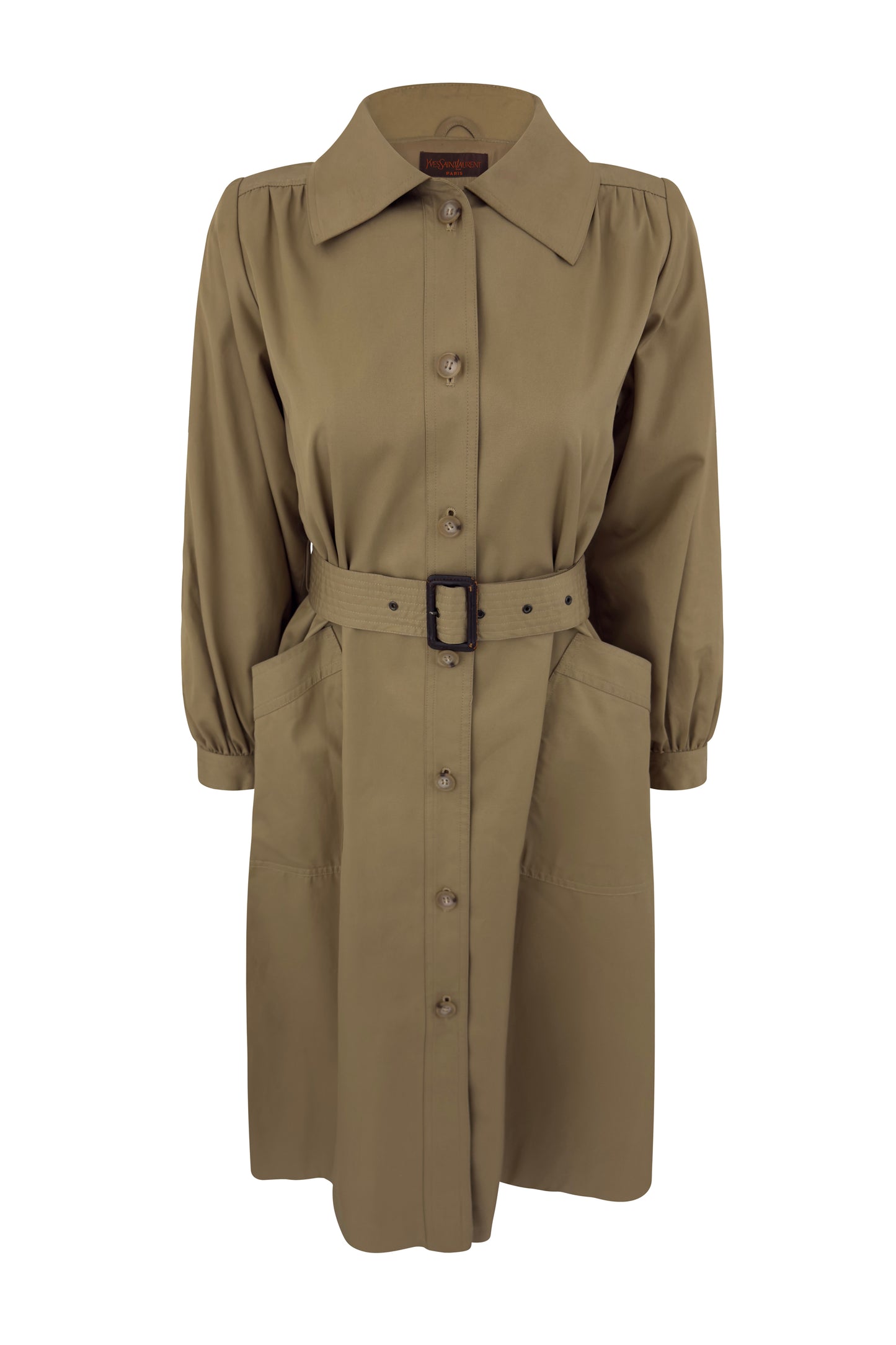 1980s YSL tan cotton belted trench coat.