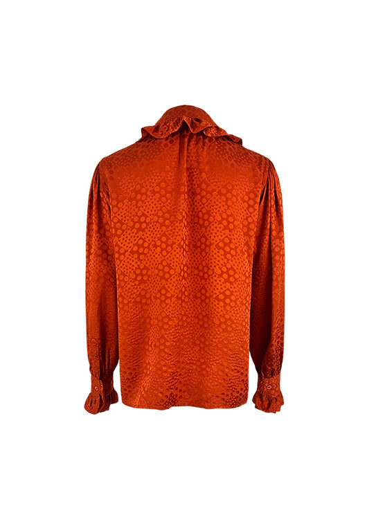 Orange Silk Jacquard Dot Ruffle Collar Blouse