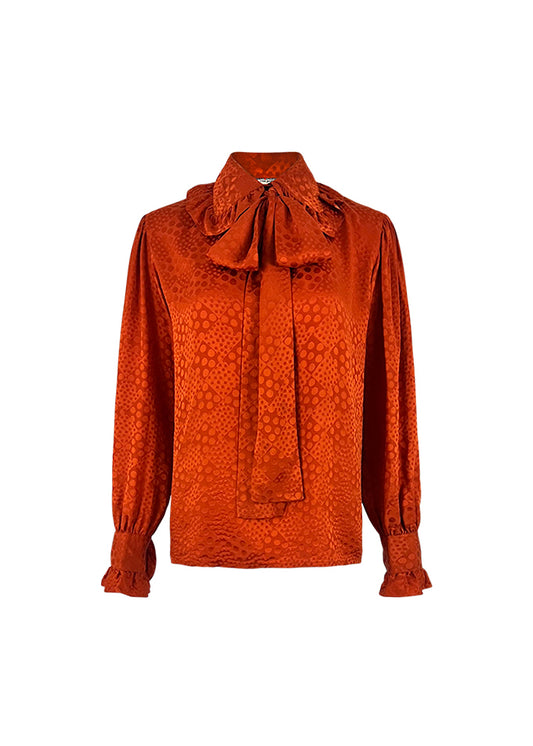 Orange Silk Jacquard Dot Ruffle Collar Blouse