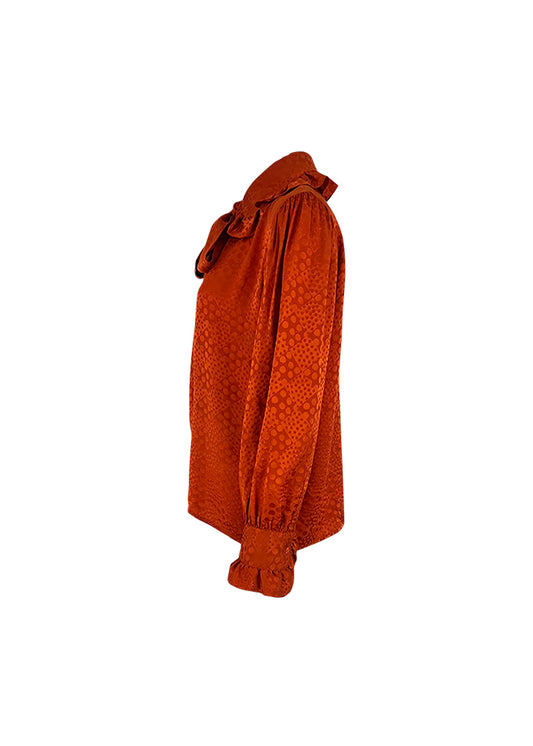 Orange Silk Jacquard Dot Ruffle Collar Blouse
