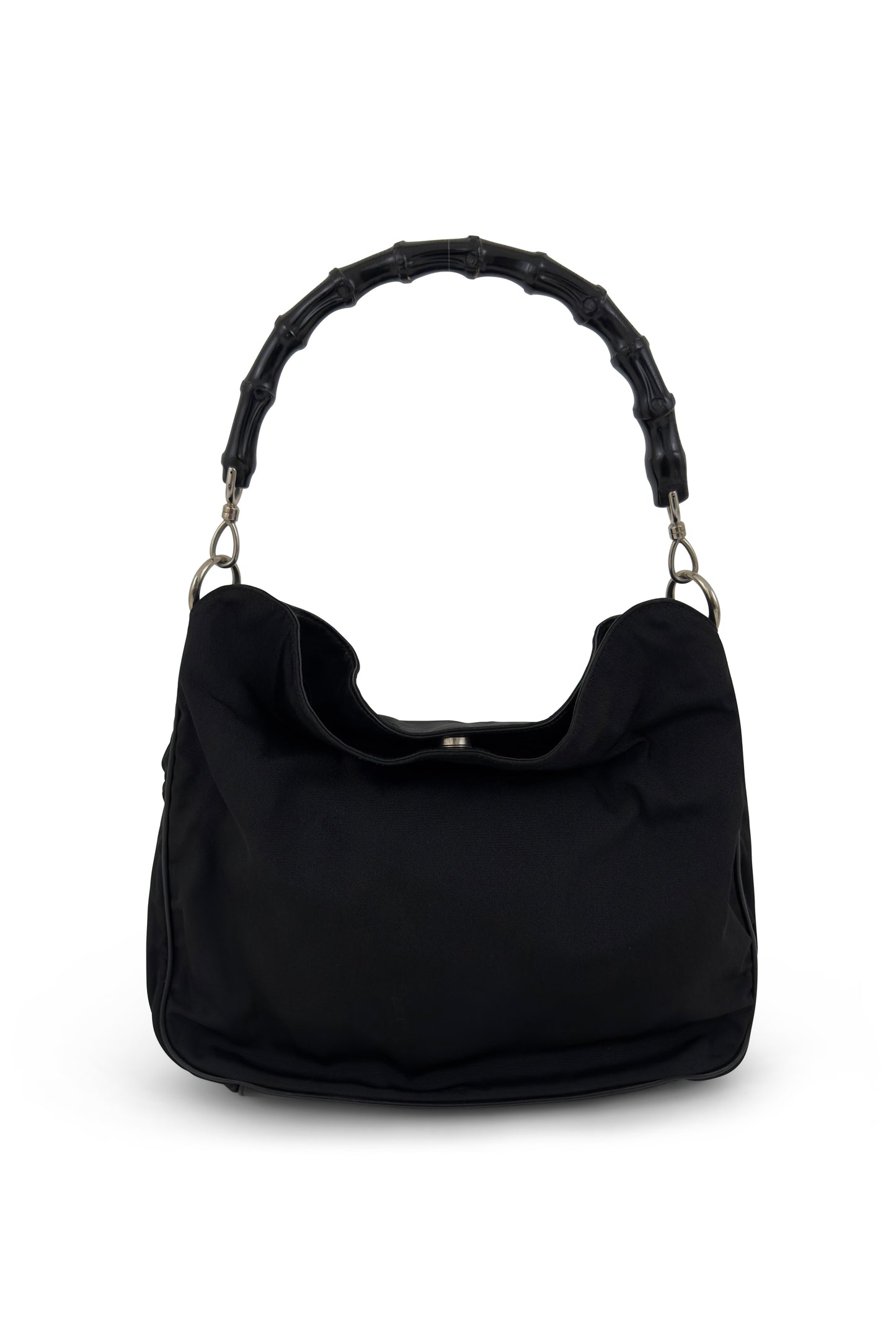 Gucci black nylon hobo bag with bamboo handle from the 1990s.