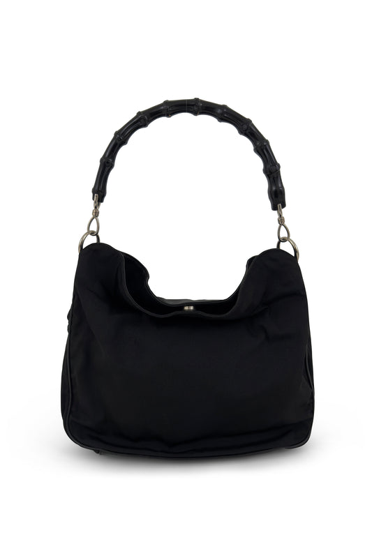 Gucci black nylon hobo bag with bamboo handle from the 1990s.