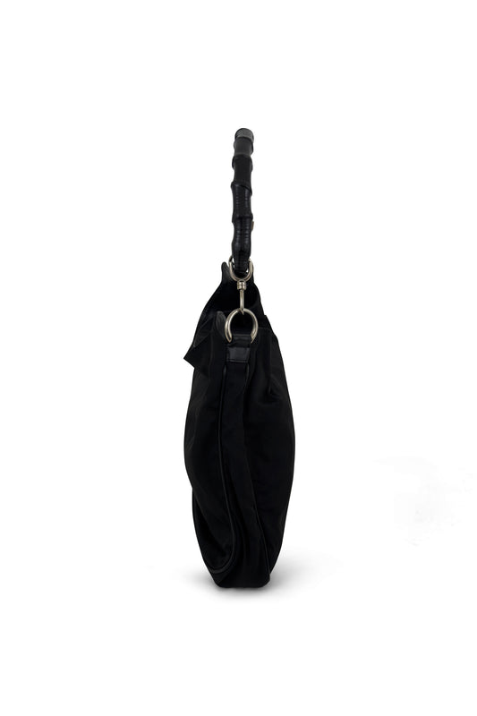 Black Nylon Bamboo Handle Hobo